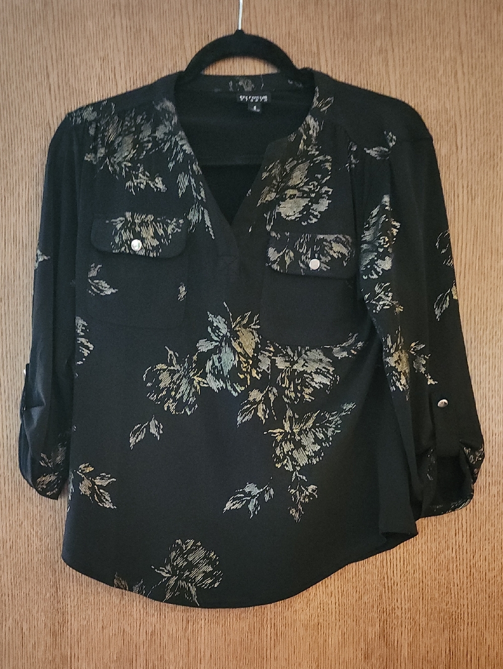 Lightweight Black Blouse with Metallic Gold Floral Print